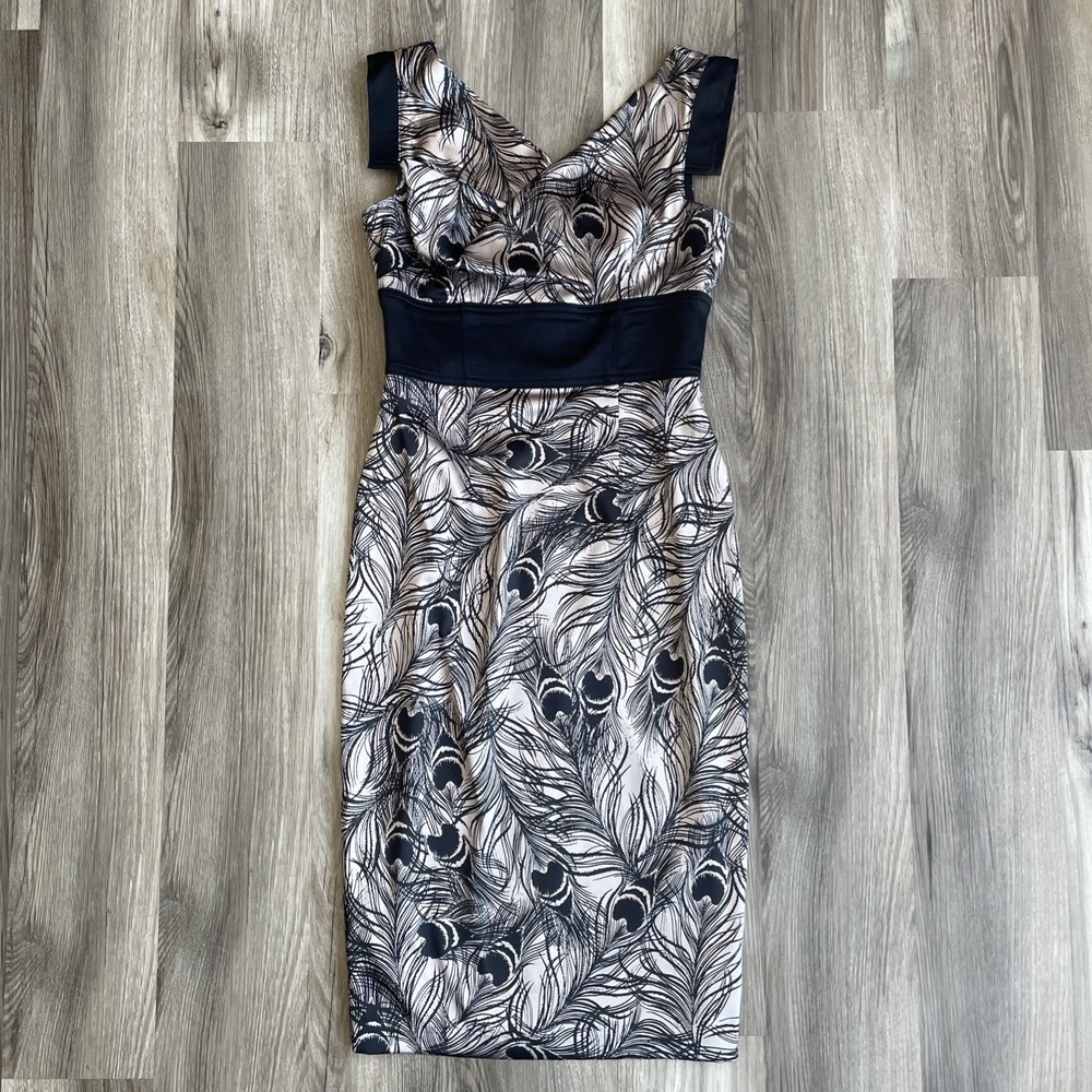 Maggy London Black and Beige Feather-Print Sheath Dress